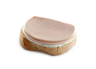 Delicious sandwich with boiled sausage and sauce isolated on white