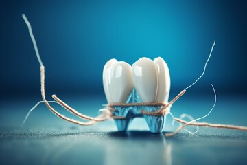 Blue background tooth and dental floss 3D rendering for oral hygiene. Generative AI