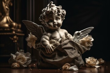A cherub with a cash bag, represents riches and affection. Generative AI