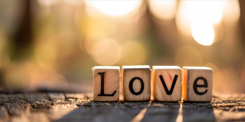 Wooden blocks spelling LOVE on a textured surface with a sunset. web banner design
