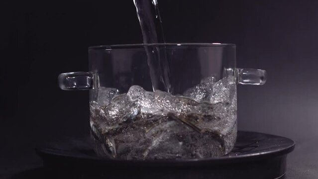 투명한 유리 냄비에 멸치를 넣고 가스렌지 불을 붙인뒤 끓이는 