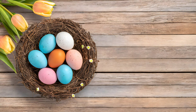 Spring Easter nest basket with easter eggs on wooden table surface background. Blooming spring flowers. Happy easter.  Copy space for text. Springtime, seasons, nature, April, Viewing from the top.