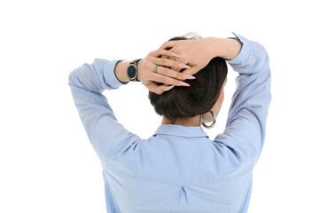 Young woman with wristwatch isolated on white background, back view