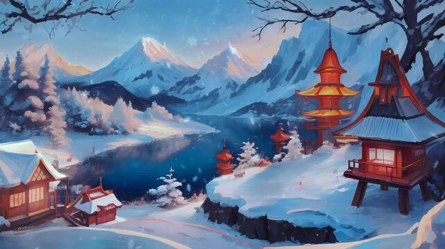Winter snowy landscape illustration in the mountains with a lake and lantern panorama. Japanese anime illustration painting style. Seamless Animation 4K Video Background