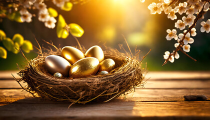 Fototapeta na wymiar Spring Easter nest basket with golden easter eggs on wooden table surface background. Happy easter. Copy space for text. Springtime, seasons, nature, April, Viewing from the front.