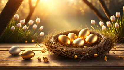 Spring Easter nest basket with golden easter eggs on wooden table surface background. Happy easter....
