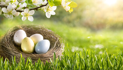 Spring Easter nest basket with easter eggs in the grass. Garden with green grass at sunset and nature. Natural warm light. happy easter, Copy space for text