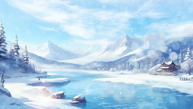 Winter snowy landscape illustration in the mountains with a lake panorama. Japanese anime illustration painting style. Seamless Animation 4K Video Background.