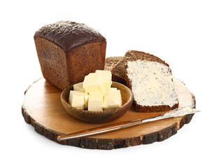 Wooden board with bread and bowl of butter on white background
