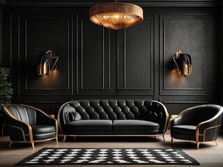 Black living room chairs. Sofa and table with traditional black decoration.