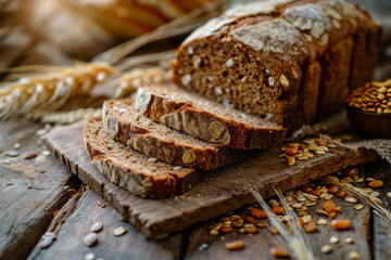 Whole grain goodness, a composition featuring whole grain bread slices, seeds, and ingredients, emphasizing the health benefits and nutritional value of whole grain bread.