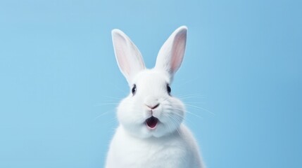 Fototapeta premium cute animal pet rabbit or bunny white color smiling and laughing isolated with copy space for easter background, rabbit, animal, pet, cute, fur, ear, mammal, background, celebration, generate by AI