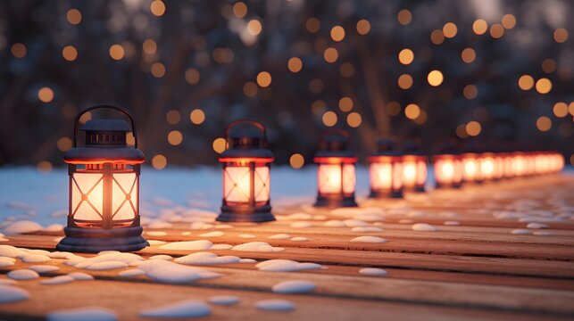 3D Render Row of Warmly Lit Simple Christmas, Christmas Lights, Festive Decor, Holiday