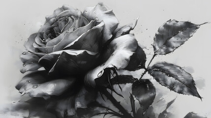 Black and white inked blooming rose illustration 