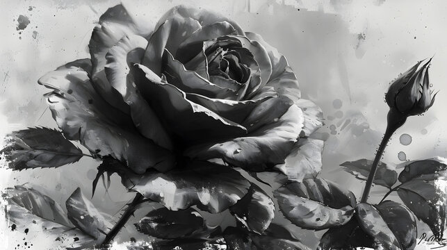 Black and white inked blooming rose illustration 