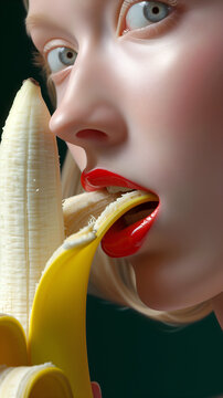 A seductive woman with red lips peeling a banana with her mouth