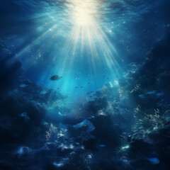 Fototapeta na wymiar Underwater sea world. Deep abyss with blue sun light