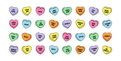 Sweet heart shape candy set. Valentines day concept. Isolated on white background. Different color bundle. Conversation, Love text. Romantic colorful element collection. Flat line vector illustration. - 698842530