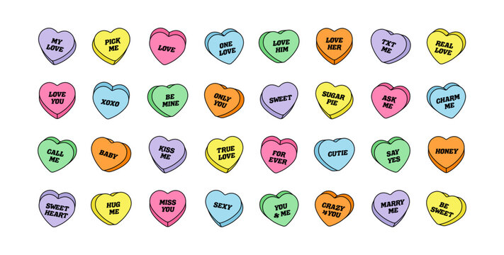 Sweet heart shape candy set. Valentines day concept. Isolated on white background. Different color bundle. Conversation, Love text. Romantic colorful element collection. Flat line vector illustration.