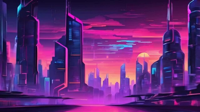 Background in cyberpunk style. Neon color design, future city sunset, motion