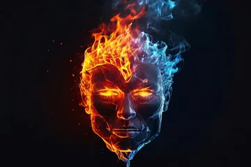 Foto op Aluminium Fiery human head Stunning fire & ice heart symbolizes love, passion, duality. Perfect for web, print, expressing emotions. © Amila Vector
