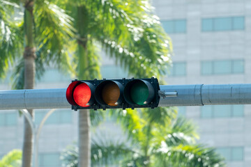 Traffic lights regulating driving cars on city street in Miami, Florida