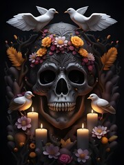 halloween skull with roses and bird, fantasy illustration