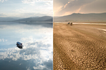 Comparison before and after of lake impacted by climate change and high temperatures in the summer. - obrazy, fototapety, plakaty