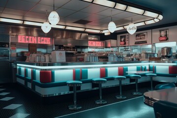 A 50s style American diner interior. Generative AI - obrazy, fototapety, plakaty