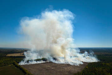 View from above of dense smoke from woodland and field on fire rising up polluting air. Concept of natural disaster
