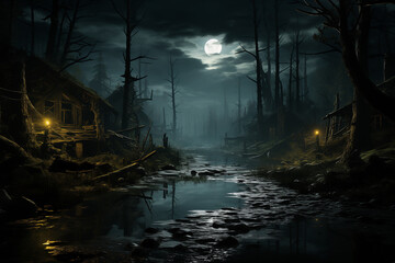 月明かりに照らされた森の中の廃墟