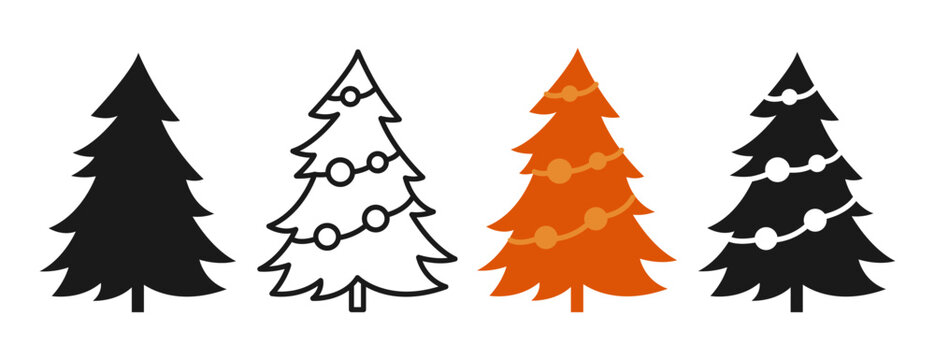Christmas tree symbol cartoon and doodle, stamp stylized set. New Years and xmas traditional pine design for greeting card, invitation, banner, poster. Christmas trees abstract hand drawn woods vector