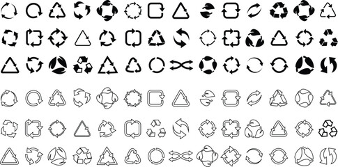 Fototapeta premium Set of Black flat Recycle icons. Rounded angles. Ecology, Bio rotation arrows, leaf symbols editable stock that revolve endless Reuse concept Recycled. Signs illustration on transparent background.