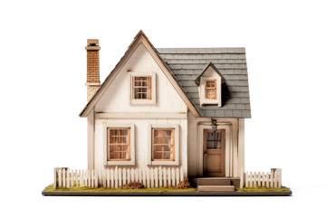 Charming Miniature White House Model with Picket Fence | Isolated on Transparent & White Background | PNG File with Transparency