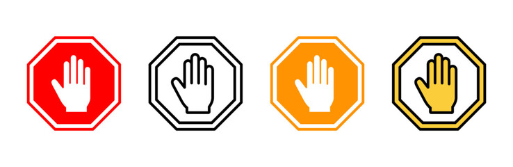 Stop icon set vector. stop road sign. hand stop sign and symbol. Do not enter stop red sign with hand