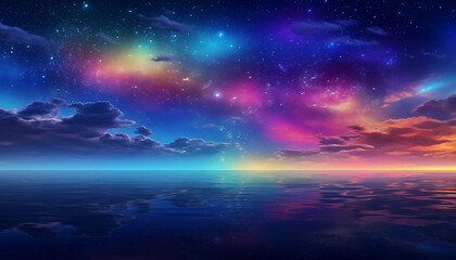 虹色の空と海の風景