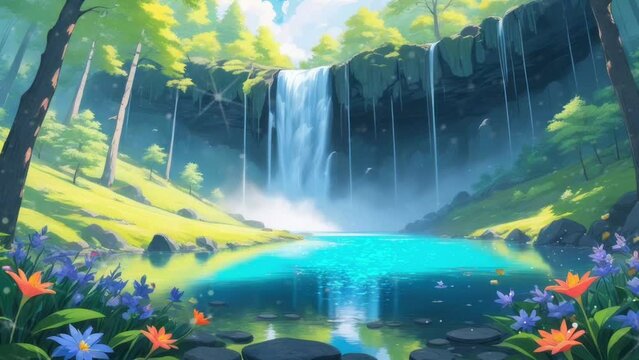 Landscape of waterfall and pond in the forest. Loop background animation video.