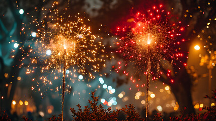 Red Fireworks explode in the night sky  - obrazy, fototapety, plakaty