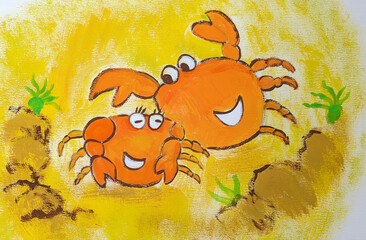 Obraz na płótnie Canvas 蟹の親孝行、カニが母親のために肩たたきをして喜ばせている手描き、水彩、イラスト