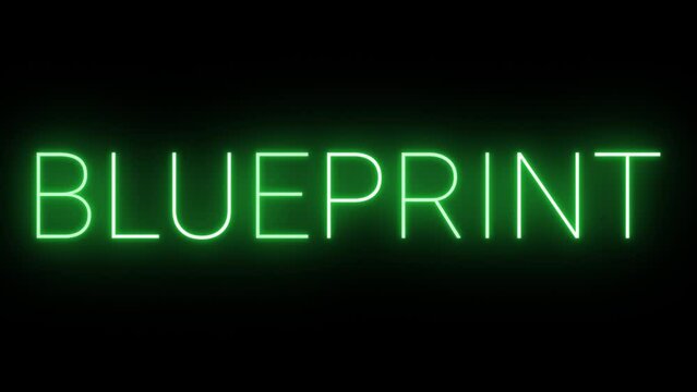 Flickering neon green glowing blueprint sign animated black background.