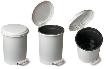 set of pedal bins or pedal trash cans, indoor waste disposal containers that have foot pedal mechanism for hands free operation, used in kitchens, bathrooms or offices, isolated on white background - obrazy, fototapety, plakaty