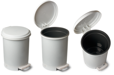 set of pedal bins or pedal trash cans, indoor waste disposal containers that have foot pedal mechanism for hands free operation, used in kitchens, bathrooms or offices, isolated on white background