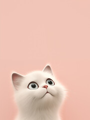 Close up of 3d illustration cute white baby cat looking up, Cartoon kitten on pastel background with copy space for text
