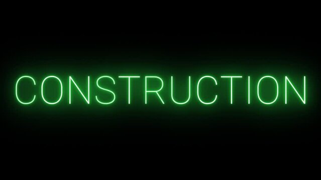 Flickering neon green glowing construction sign animated black background.