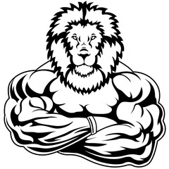 Anthropomorphic Lion bodybuilder with arms crossed on his chest.