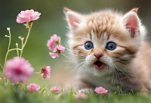 Cute kitten on the grass with pink flowers in the background.