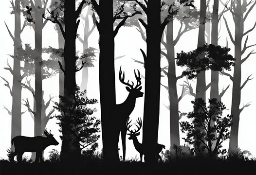 Black and white illustration of a deer family in the forest. Silhouette of a deer and a deer.