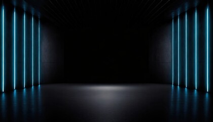 Black abstract neon background with an empty room with black walls and shadows backdrop 3d illustration empty display scene presentation.