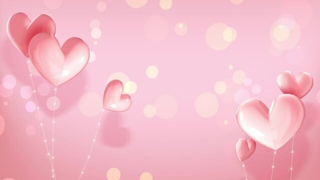 CGで作成した可愛いピンク色のハートの3D風船が浮かぶ（背景は丸いキラキラが浮かぶ）バレンタイン、Valentine、love,heart,Valentines	,cute