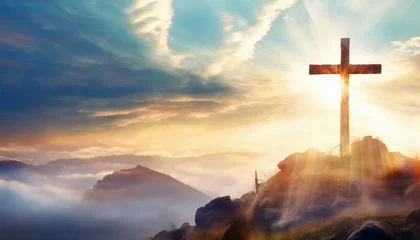Poster Powerful image of dramatic sky over Golgotha Hill, symbolizing the passion of Jesus Christ on the cross © Your Hand Please